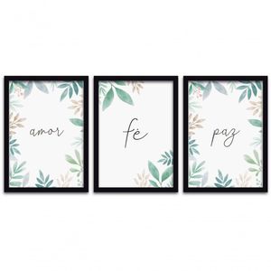 Quadros Decorativos 3 Peças 40x60 Amor Fé Paz Moldura Preta