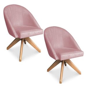 Kit 02 Poltronas Cadeira Giratória Bela Veludo Rosê Base De Madeira - Pallazio