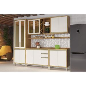 Kit Cozinha Modulada 7 Peças Tempranillo 2 Aéreos + 2 Balcões+ Cristaleira + 2 Complementos C7p77 Amendoa Off White Ronipa