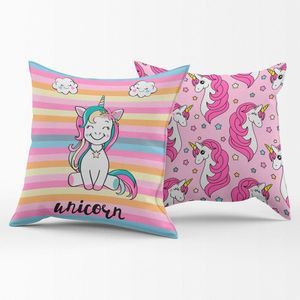 Par De Capas De Almofadas Estampadas Unicórnio Listrado Pink 45cm X 45cm Para Quarto