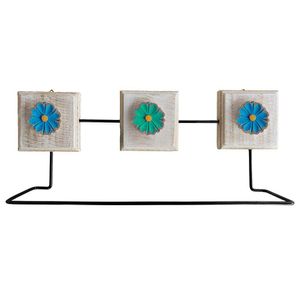 Toalheiro Ferro E Madeira Artesanal Flores Azul E Verde Cor Azul