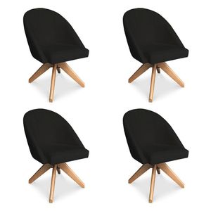 Kit 04 Poltronas Cadeira Giratória Bela Veludo Preto Base De Madeira - Pallazio