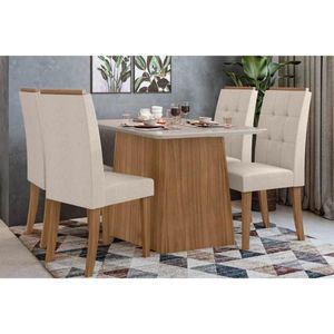 Conjunto Mesa De Cozinha Nevada Tampo Madeirado 130cm E 4 Cadeiras Celebrare Amendoa Off White Suede Creme Lopas