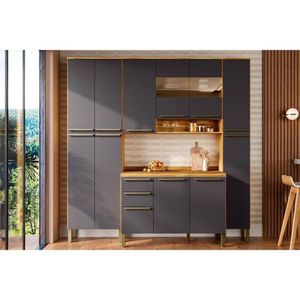 Cozinha Completa 4 Peças Nápoli Prime 1 Aéreo Balcão 2 Paneleiros C4p95 Amendoa Grafite Ronipa