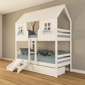 Beliche Casinha Encantada Com 02 Gavetas Kit Escada/ Escorregador Madeira Maciça Branco Housin
