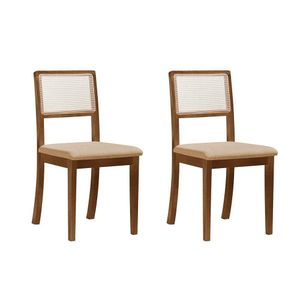 Kit 2 Cadeiras De Jantar Palha Estofada Linho Bege Encosto Tela Sextavada Rubi Madeira Maciça Imbuia