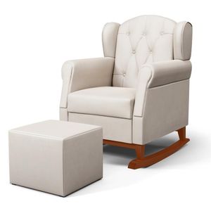 Poltrona Amamentação Base Madeira Balanço e Puff Lucy P04 Suede Bege - Mpozenato