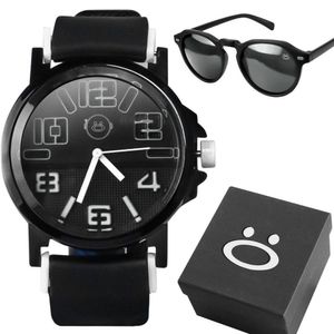 Relogio Masculino Preto Aço Inoxidável + Oculos Sol + Caixa Ajustavel Presente Preto Ponteiro Branco