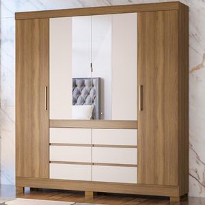 Guarda Roupa Casal 4 Portas Com Espelho E 6 Gavetas Cádis Amêndola Touch-off White