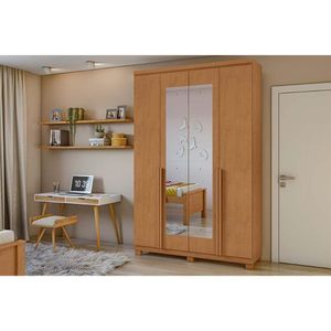 Guarda Roupa Solteiro 4 Portas E 2 Gavetas C- Espelho E Pés Alonzo Amendoa Clean Lopas