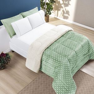 Coberdrom Estampado Sherpa E Flannel Petit Poá Queen 01 Peça Manta Alta 150g - Salvia