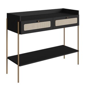 Aparador 2 Gavetas Oslo Artesano 103 Cm (largura) Mdp Nero Palha Sintética Bege Pé Metal Dourado