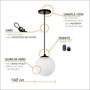 Pendente Globo Esfera De Vidro Branco Fosco 14cm - Preto