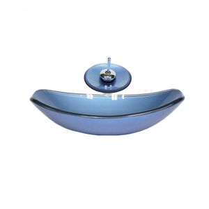 Cuba De Vidro Oval 46cm Azul + Valvula + Torneira Cascata