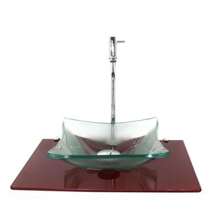 Kit Cuba De Vidro Quadrada 10Mm Incolor Com Tampo 50Cm Vermelho Cereja Full E Suporte Cromado