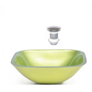 Cuba de Vidro Quadrada 35cm Verde Oliva + Valvula Click