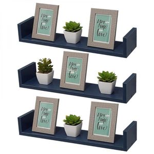 Kit 3 Prateleiras em U 80X15cm Azul com Suporte Invisível