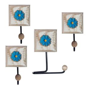 Kit Para Banheiro Com 3 Toalheiros E 1 Porta Papel Higiênico Rustico Flor Branca Cor Azul