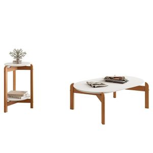 Conjunto De Mesas Lizz Lateral Redonda E Oblonga Branco-cedro - Casa D Branco-cedro