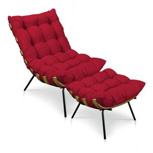 Kit Poltrona Costela Com Puff Para Sala Veludo Vermelho