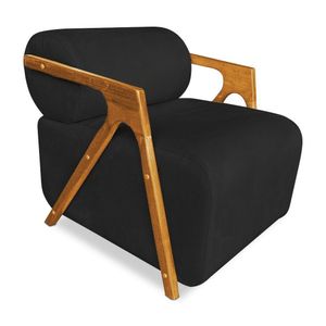 Poltrona Decorativa Marselha Veludo Preto Base De Madeira - Pallazio