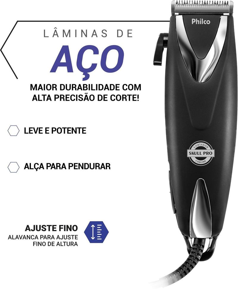 Cortador de Cabelos Philco PCR12CR Skull Pro Chrome 9 Em 1 Preto 110V