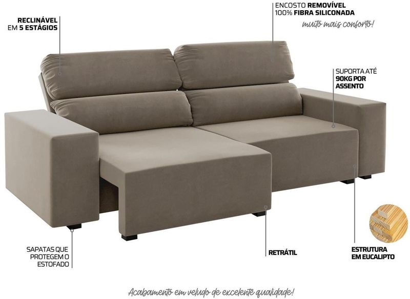 Sofá 3 Lugares Retrátil e Reclinável London Viero Veludo Bege Pérola200Cm-ns_198857_4