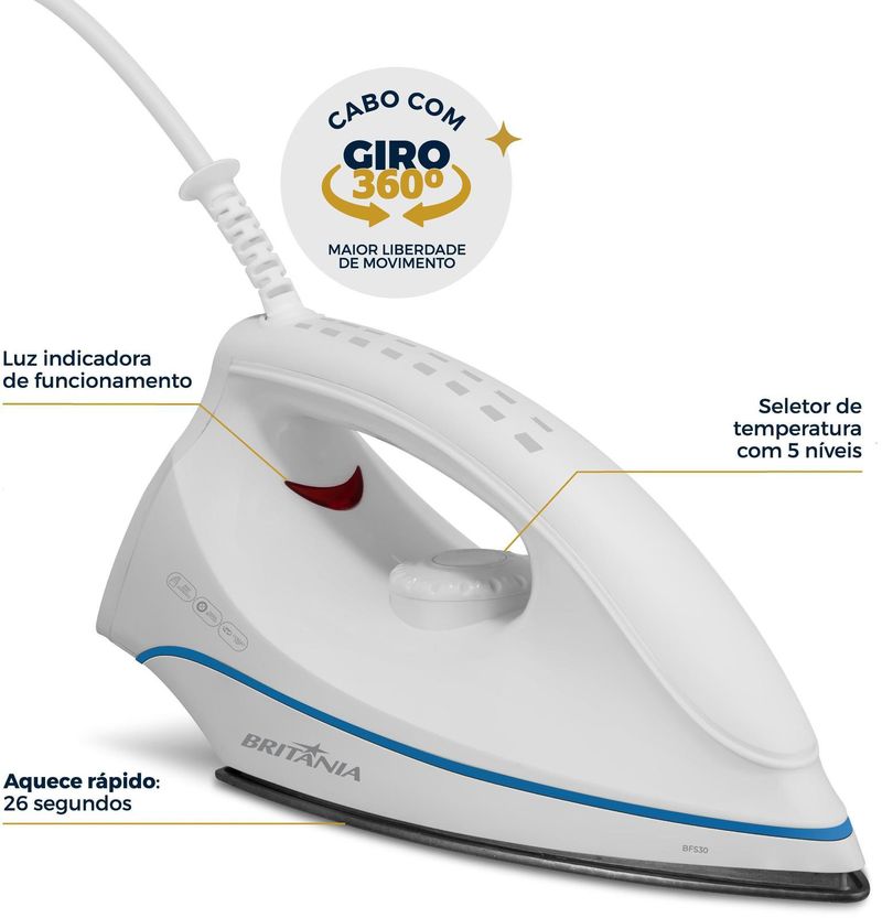 Ferro de Passar Roupa a Seco Britânia BFS30 5 Temperaturas 1250W Branco110V-ns_200786_8