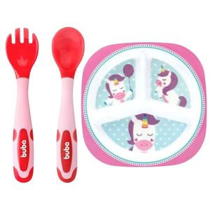 Kit Talheres Flexíveis e Prato Divertido Introdução Alimentar para Bebê Rosa Buba
