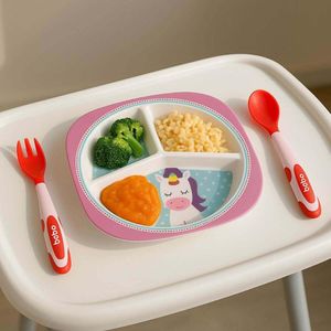 Kit Talheres Flexíveis e Prato Divertido Introdução Alimentar para Bebê Rosa Buba