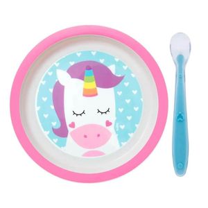 Kit Colher Silicone e Prato 21cm Introdução Alimentar Animal Fun Bebê Buba
