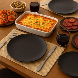 Conjunto 6 Pratos Rasos Cerâmica Orgânico Preto Matte 26,5cm Porto Brasil Mesa Posta Jantar Almoço