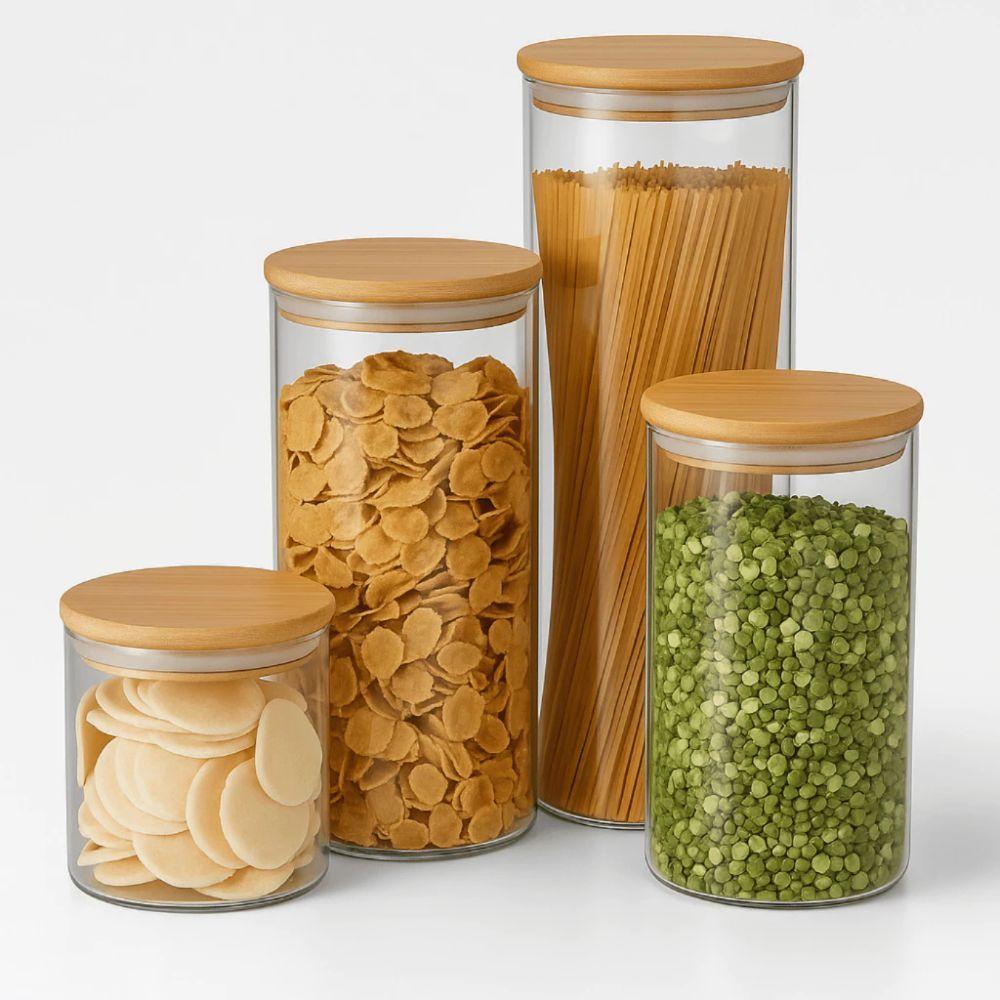 Kit 4 Potes Herméticos Vidro Borossilicato Tampa de Bambu Transparente Aura